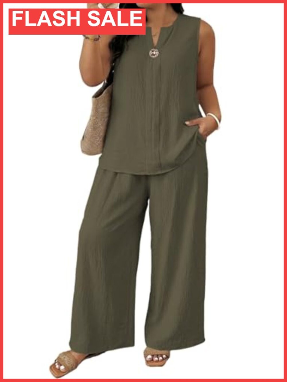 Plus Size 2 Piece Set Sleeveless Top Wide Leg Pants Summer Travel